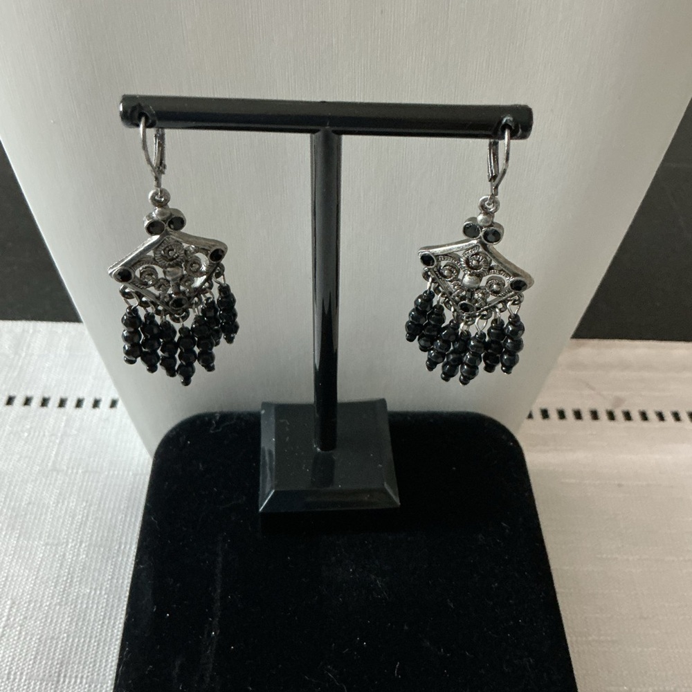Black Antique Silver Tone Drop Earrings